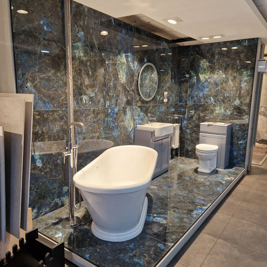 Blue Pearl 120x120 cm Large Polished Marble Effect Porcelain Tile. from £49.99 sq.m IMP