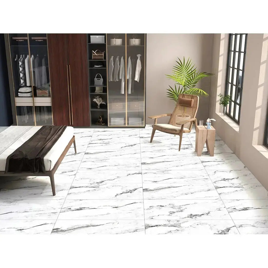 Lucy White polished 60x120 cm marble effect Porcelain Tile from £24.99 sq.m - Vivido Tiles uk