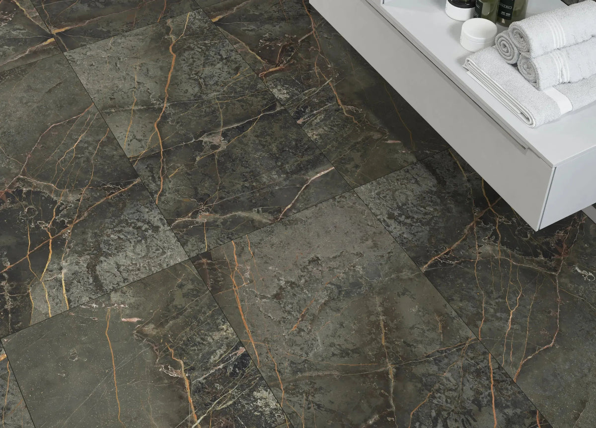STORIA dark green polished 60x120 cm marble effect Porcelain Tiles from £25.99 sq.m -Vivido-tiles-uk