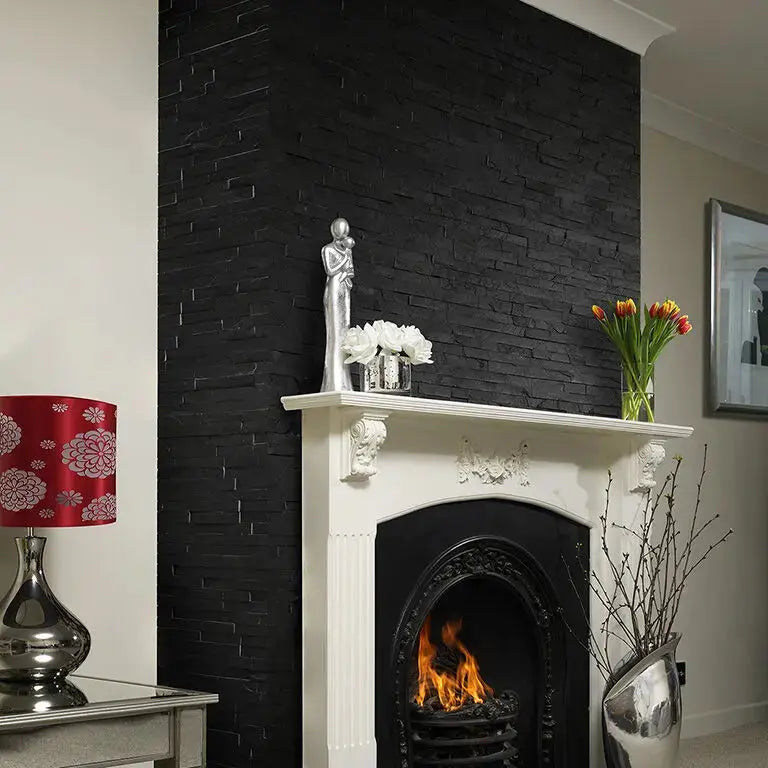 Splitface black matt Natural stone 10x36 cm feature wall tiles from £57.60 sq.m Vivido Tiles Uk