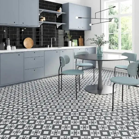 Close-up view of patterned floor tiles for kitchen flooring design