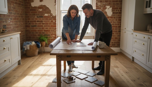 Couple planning tile layout with blueprints