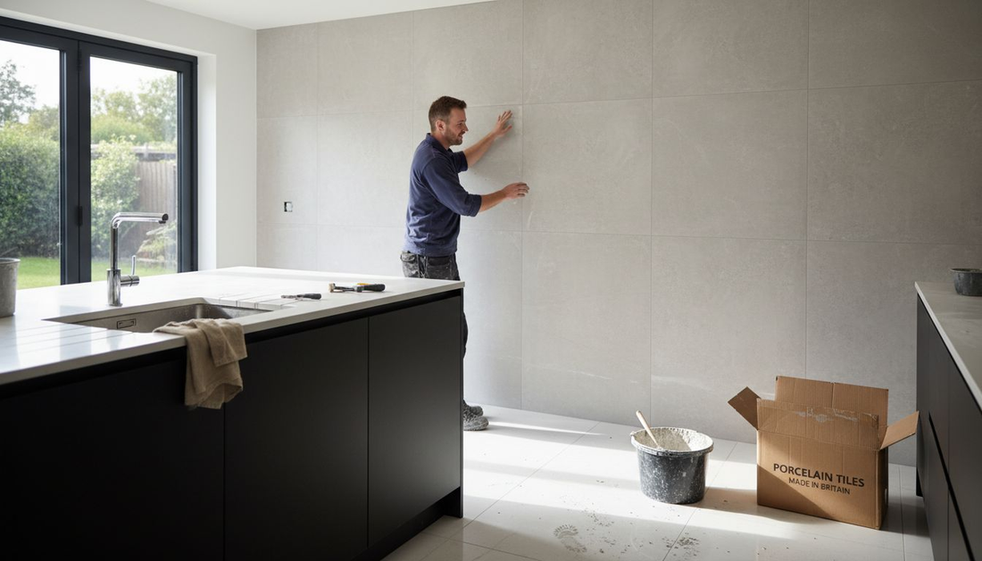 Installer inspecting large porcelain tile wall
