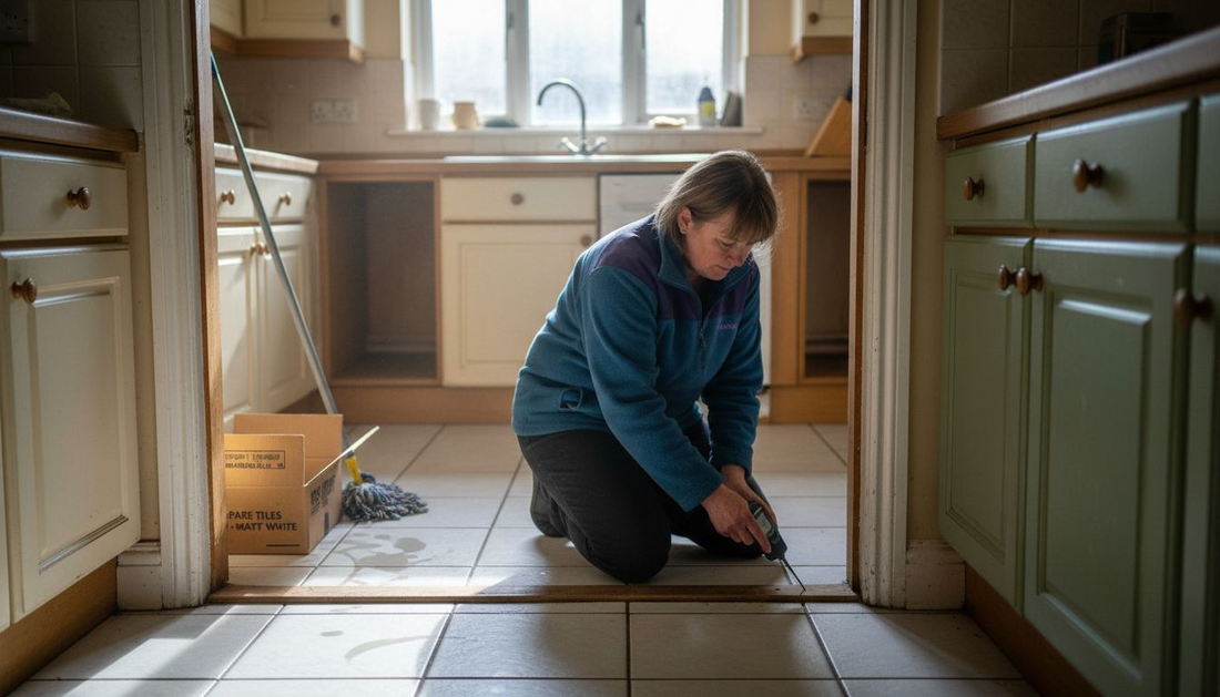 Homeowner checking kitchen tiles for damp control