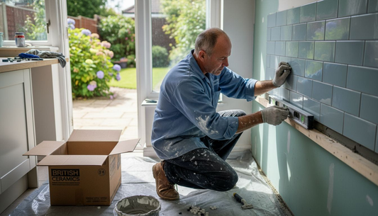 Installer placing fire resistant ceramic tiles