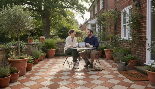 Couple sit on stylish tiled patio