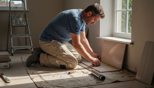 Tiler installing edge profile in kitchen