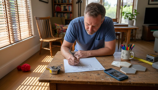 Homeowner drawing tile layout at work table