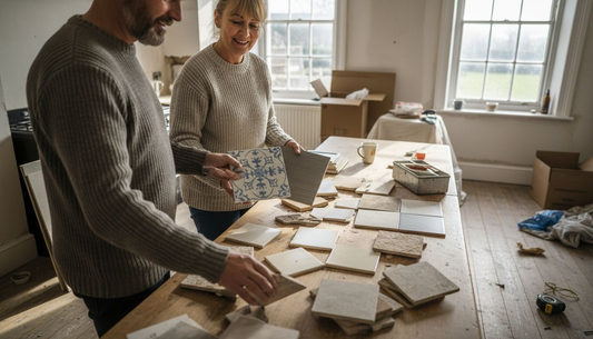 Couple reviewing wall tile samples in UK kitchen