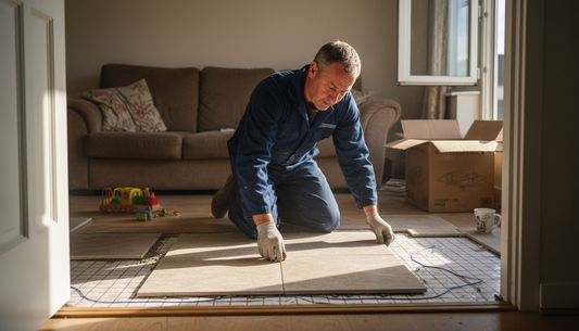 Technician installing tiles over underfloor heating