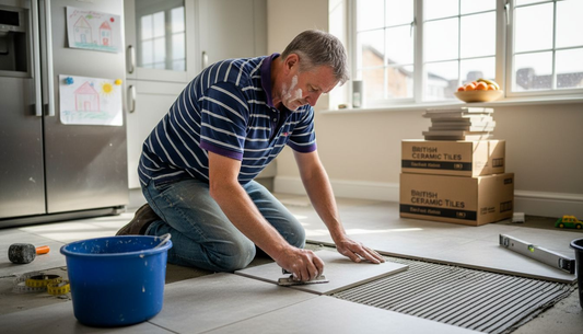 Homeowner installing ceramic floor tiles in kitchen