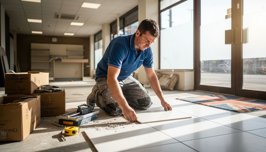 Shop fitter installing porcelain tiles in retail entrance