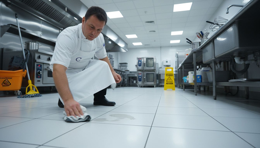 Chef cleaning commercial kitchen tile floor