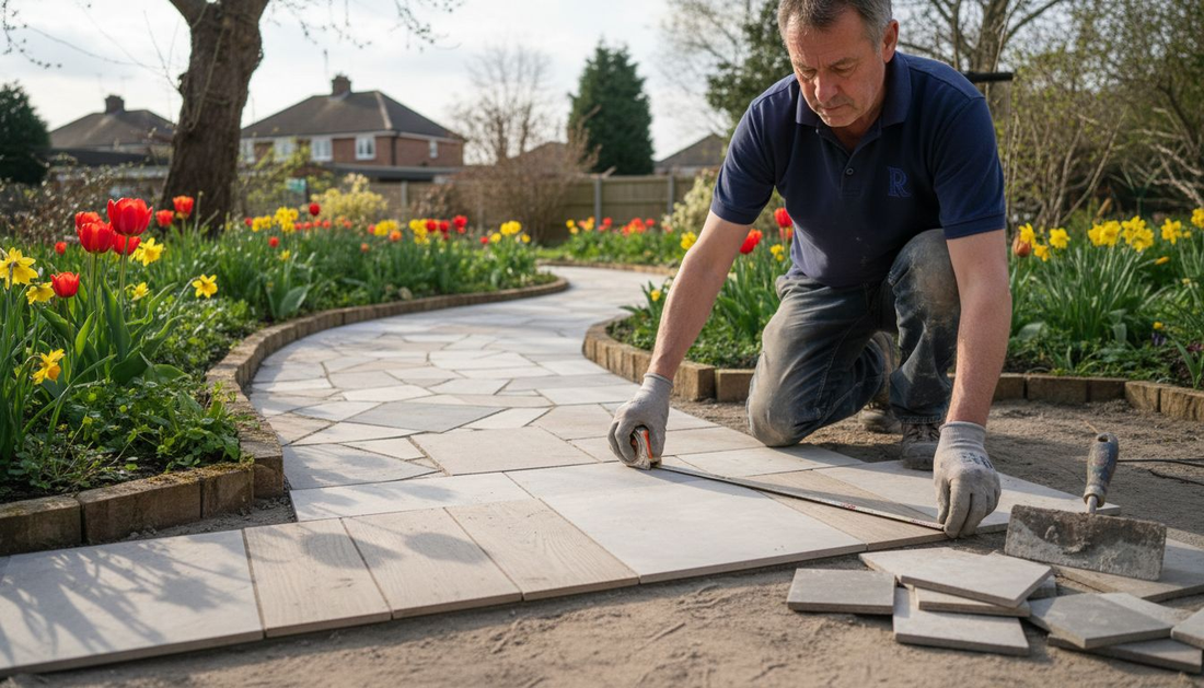 Homeowner inspecting mixed tile walkway outdoors