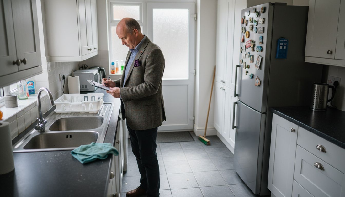Landlord inspecting tiled UK rental kitchen
