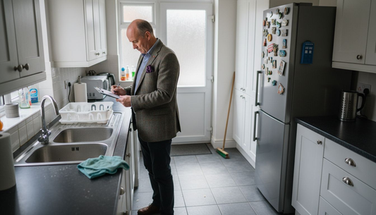 Landlord inspecting tiled UK rental kitchen