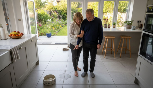 Couple admire large tiled kitchen floor
