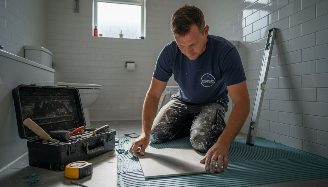Tiler placing tiles in well-lit bathroom