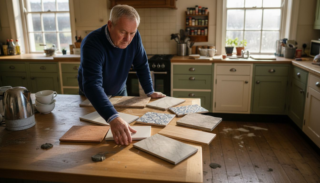 Homeowner comparing kitchen tile samples in sunlight