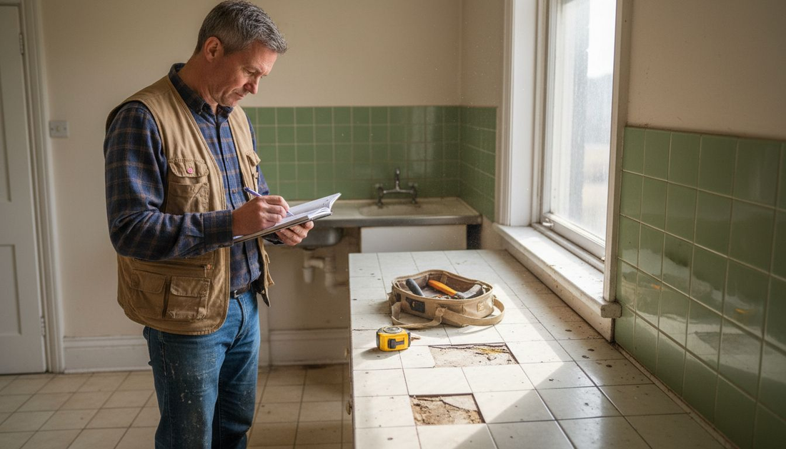 Landlord inspects old kitchen floor tiles