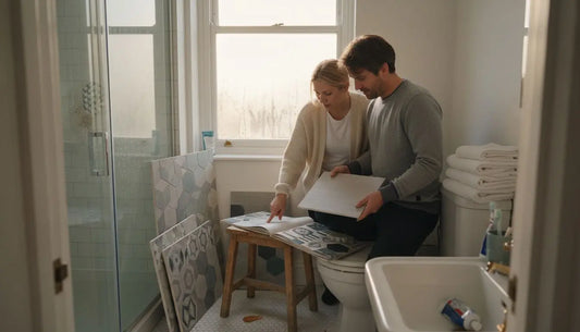 Couple reviewing tile samples in UK bathroom