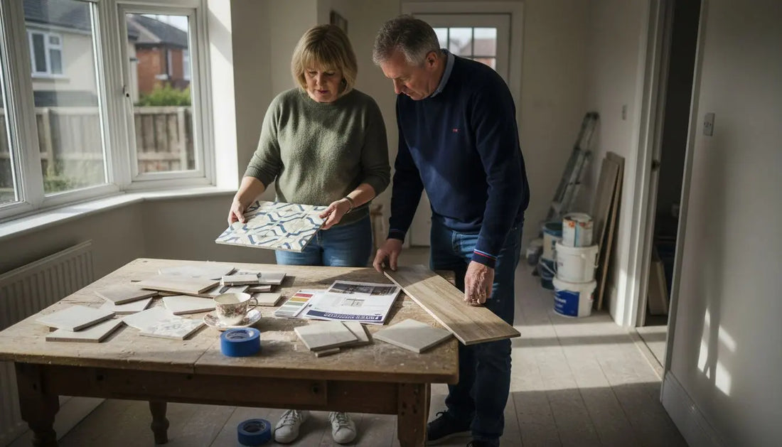 Couple choosing cost-effective tiles in UK home