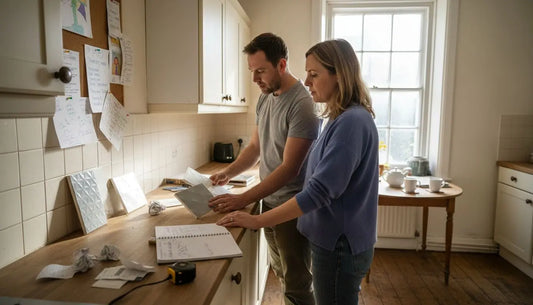 Couple comparing wall tile samples in kitchen
