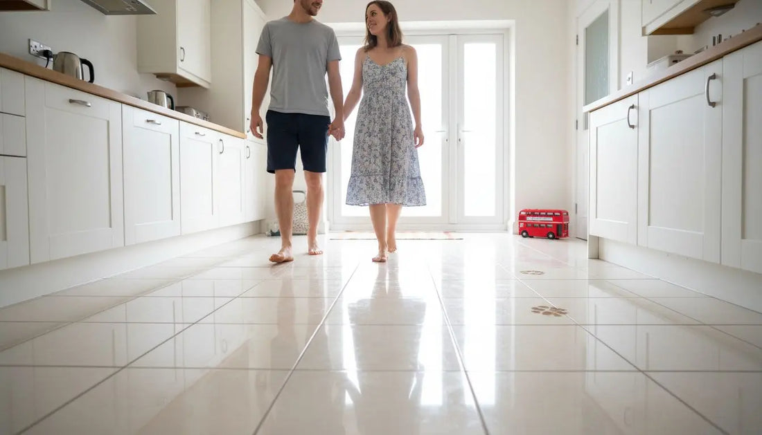 Couple walking on porcelain tiles in UK kitchen