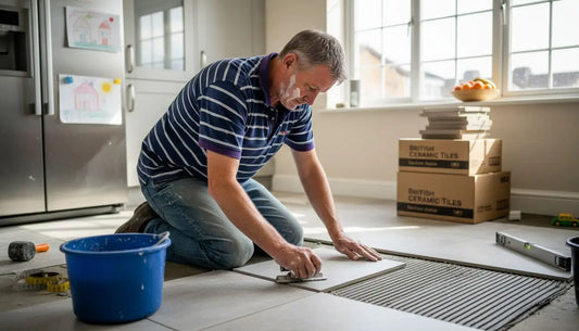 Homeowner installing ceramic floor tiles in kitchen