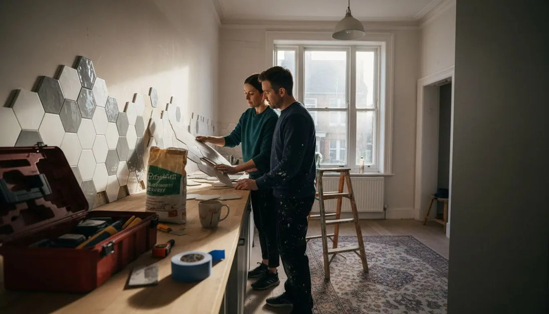 Couple planning wall tiles in home kitchen