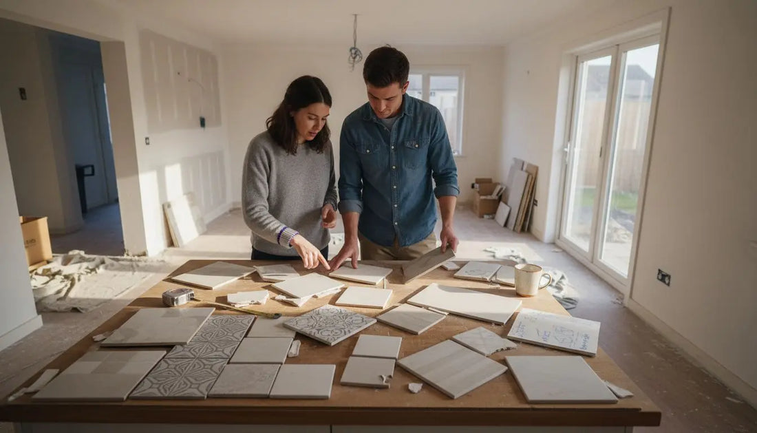 Couple reviewing tile samples during home renovation