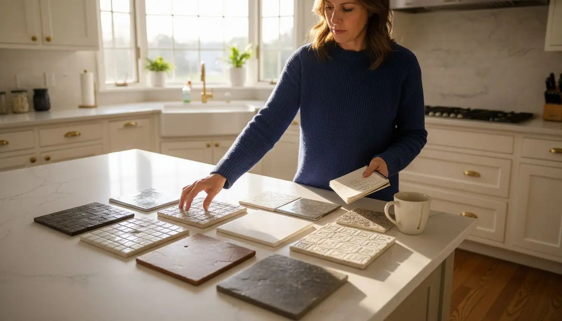 Homeowner comparing seven mosaic tile samples in kitchen