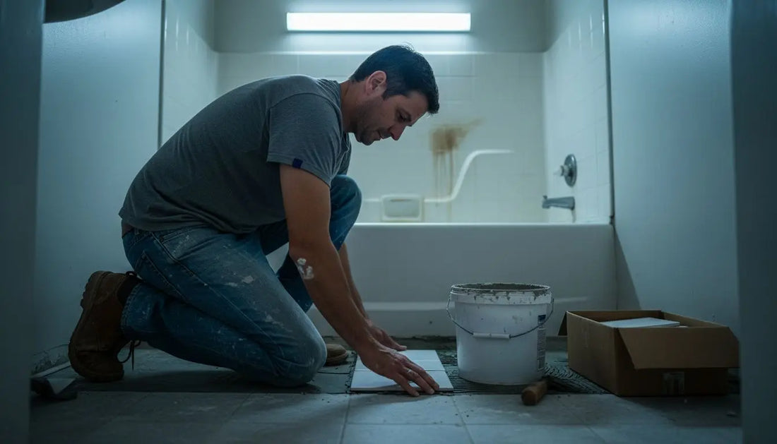 Landlord fitting tile in small rental bathroom