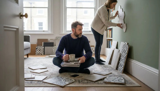 Couple examining tile variations in living room