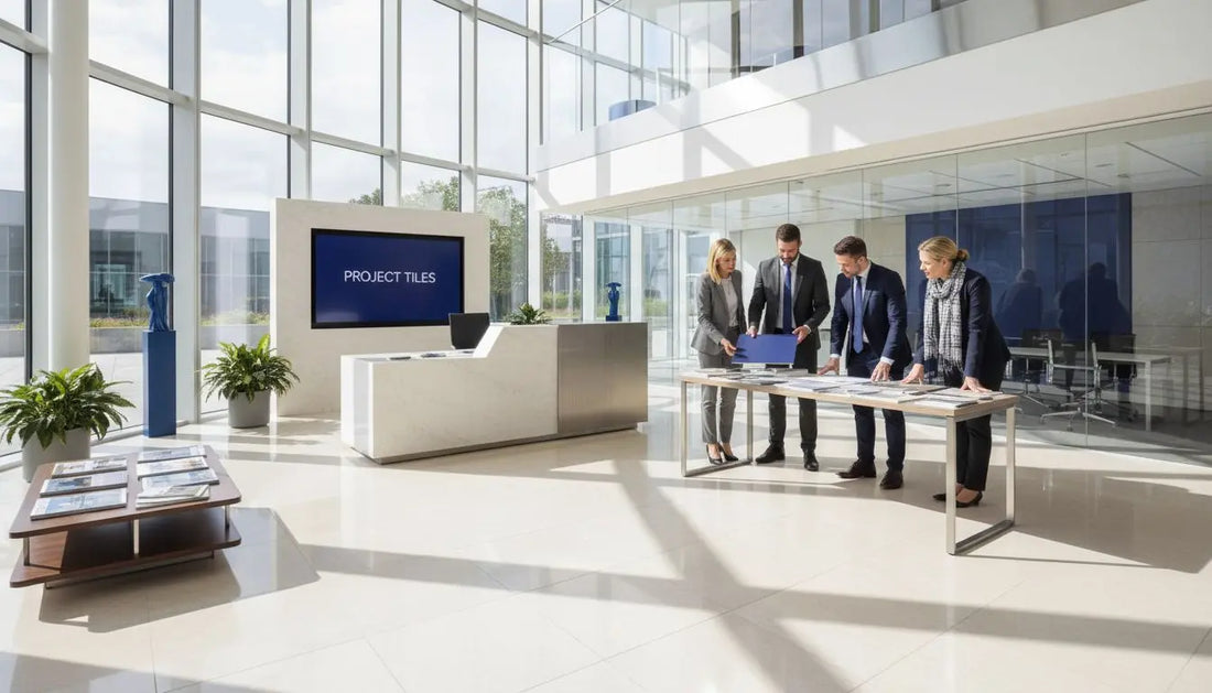 Lobby with porcelain tile floor and designers