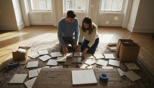 Couple sorting through tile samples at home