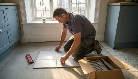 Homeowner installing full-bodied tiles in bright kitchen