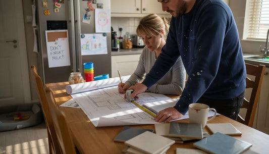 Couple budgeting home tiling project in kitchen
