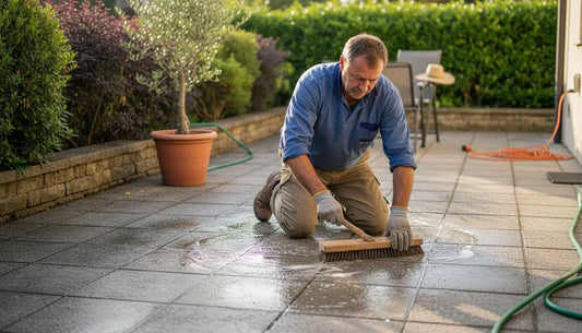 Cleaning outdoor tiles in residential backyard