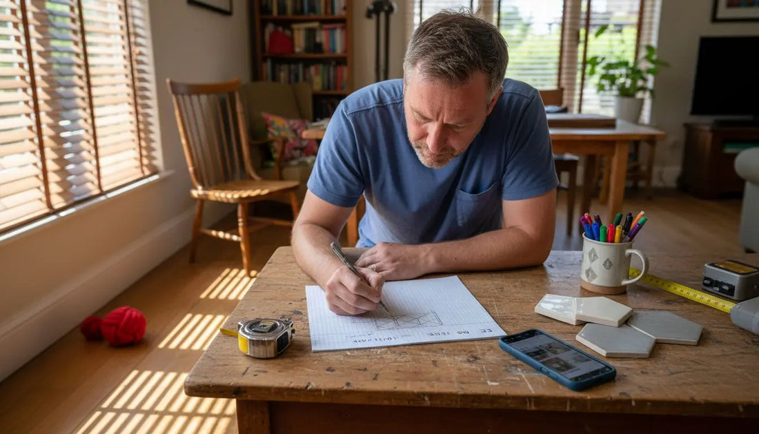 Homeowner drawing tile layout at work table