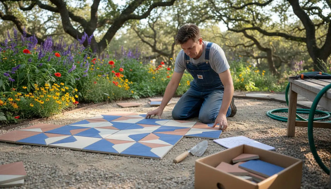 Designer laying tiles in backyard garden