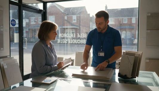 Consultant discusses tile options in showroom