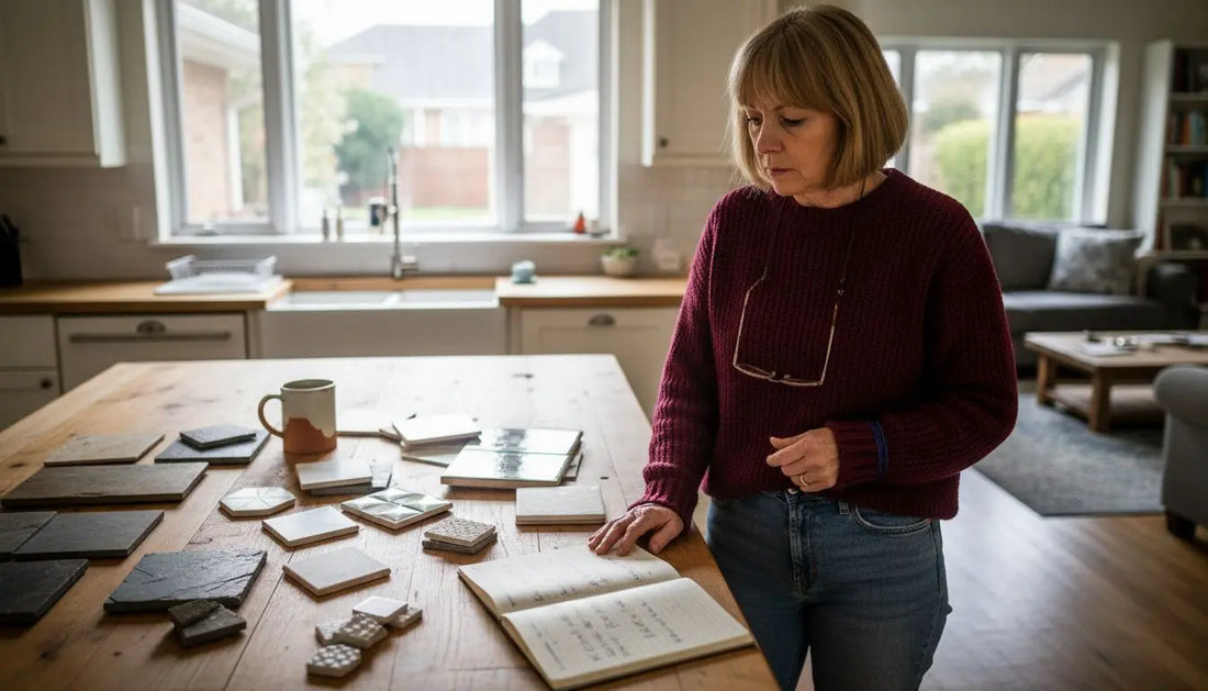 Homeowner examines various tile finish samples