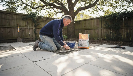 Person grouting outdoor patio tiles with tools