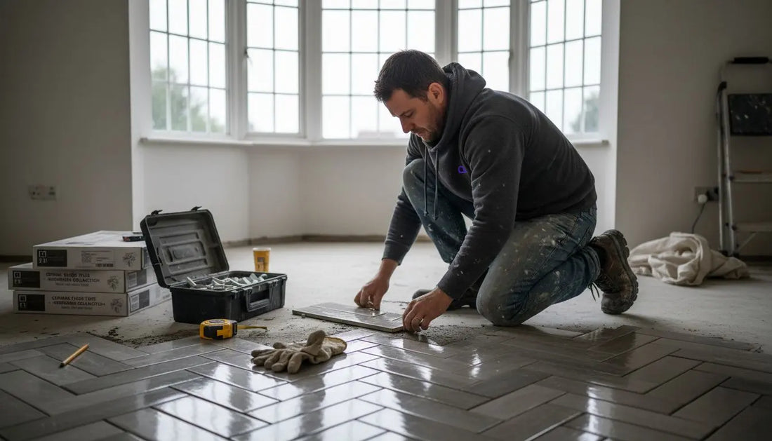 Man installing herringbone tile DIY project