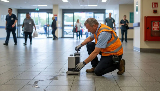 Inspector testing tile slip resistance in hospital