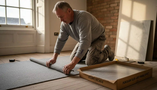 Contractor installing tile underlayment in UK home