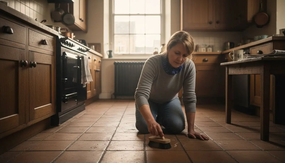 Unglazed terracotta tile floor cleaning in kitchen