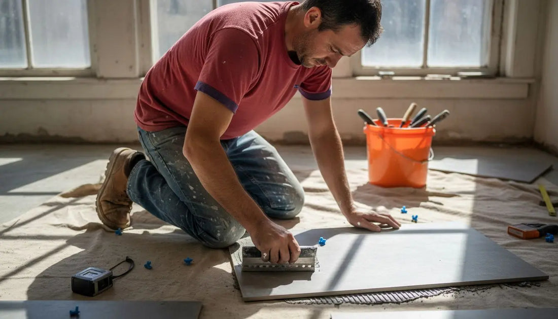 Installer spreading adhesive on porcelain tile