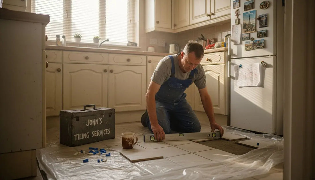 Tile installer aligning tiles in kitchen